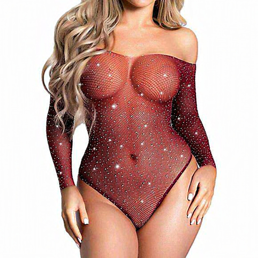 Women Wine Red Sparkle Rhinestone Sexy Mesh Teddy Lingerie‎